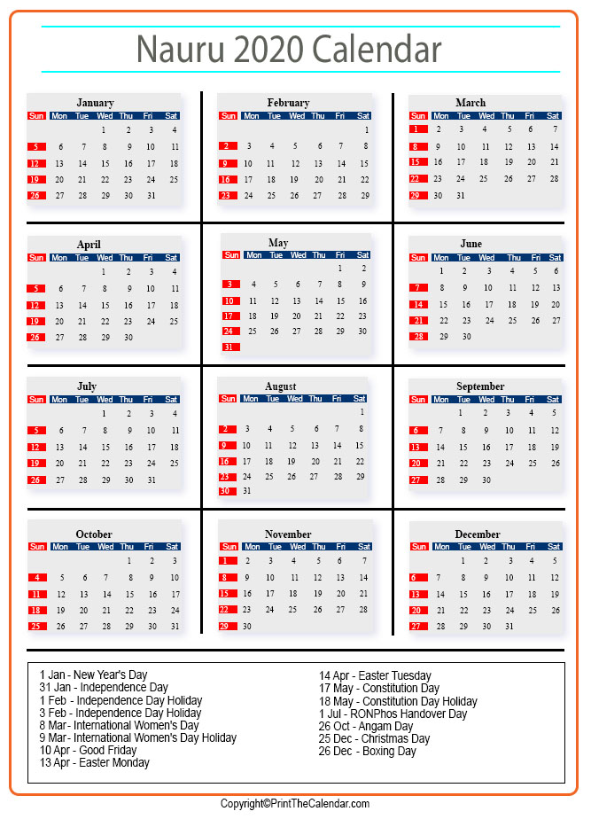 Nauru Calendar 2020